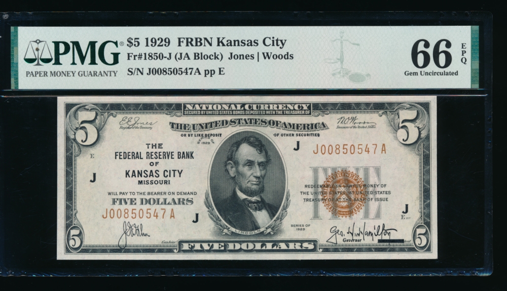 Fr. 1850-J 1929 $5  FRBN Kansas City PMG 66EPQ J00850547A