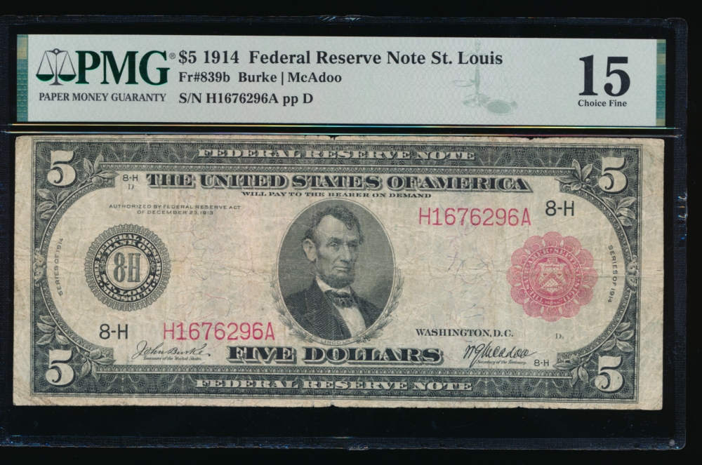 Fr. 839b 1914 $5  Federal Reserve Note red seal Saint Louis PMG 15 H1676296A