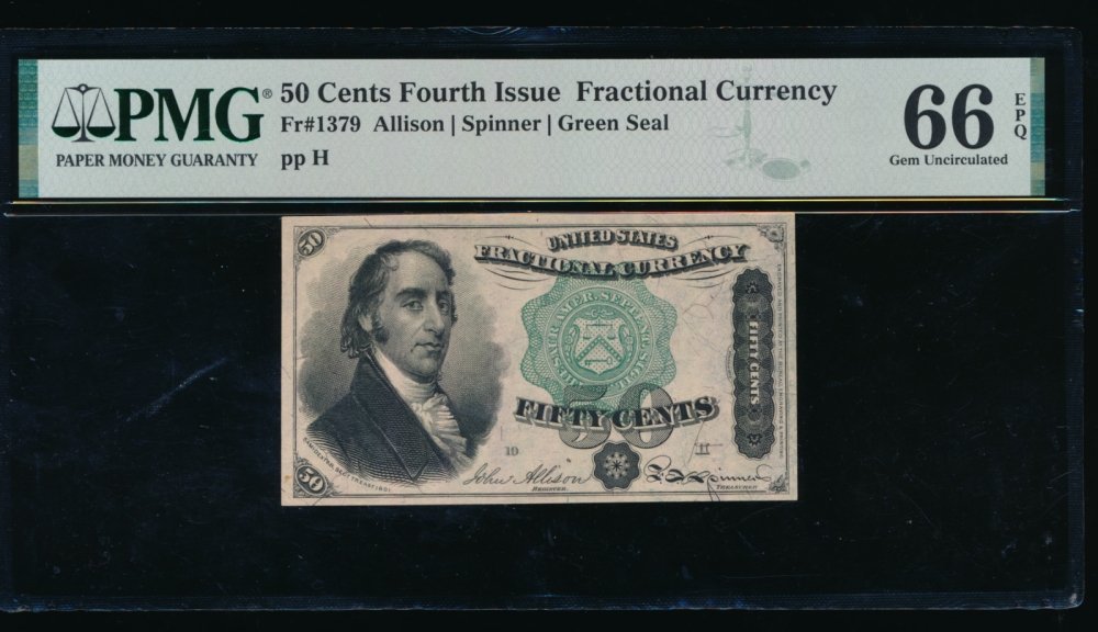 Fr. 1379 1869 $0.50  Fractional Fourth Issue: Green Seal PMG 66EPQ no serial number
