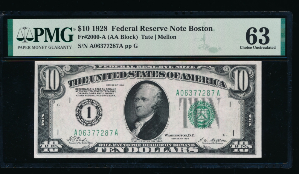 Fr. 2000-A 1928 $10  Federal Reserve Note Boston PMG 63 A06377287A