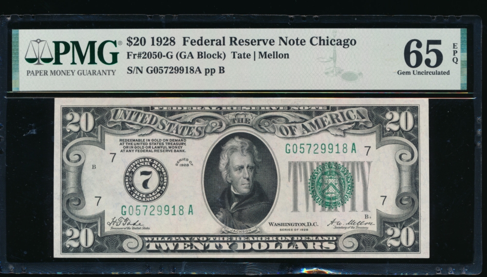 Fr. 2050-G 1928 $20  Federal Reserve Note Chicago PMG 65EPQ G05729918A obverse