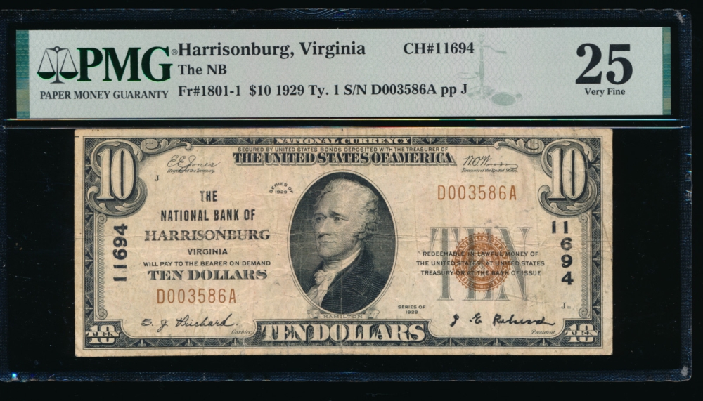 Fr. 1801-1 1929 $10  National: Type I Ch #11694 The National Bank of Harrisonburg, Virginia PMG 25 D003586A