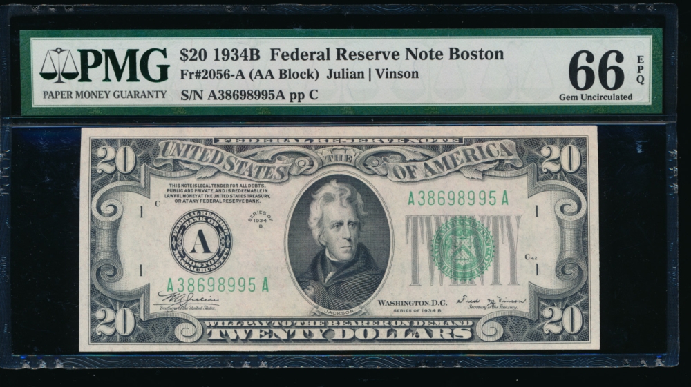 Fr. 2056-A 1934B $20  Federal Reserve Note Boston PMG 66EPQ A38698995A