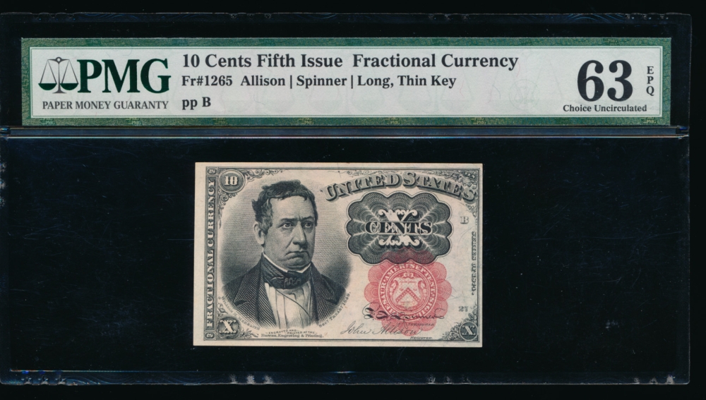Fr. 1265  $0.10  Fractional Fifth Issue: Long, Thin Key PMG 63EPQ no serial number