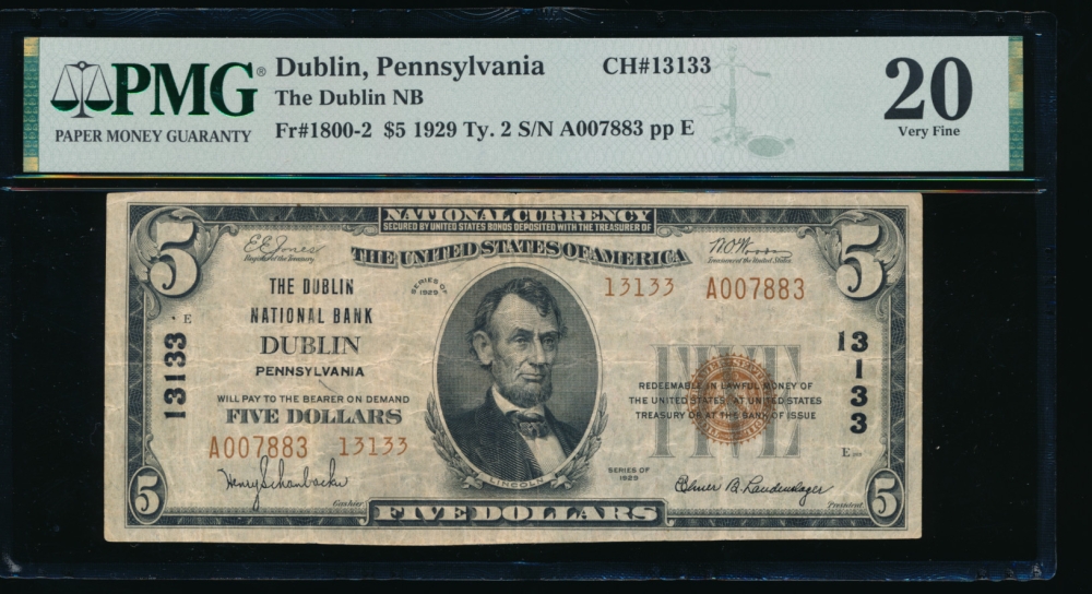 Fr. 1800-2 1929 $5  National: Type II Ch #13133 The Dublin National Bank, Dublin, Pennsylvania PMG 20 A007883