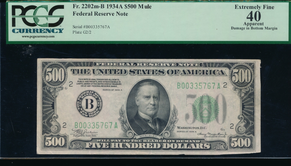 Fr. 2202-B 1934A $500  Federal Reserve Note New York PCGS-C 40 appraent B00335767A