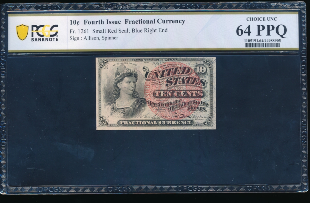 Fr. 1261  $0.10  Fractional Fourth Issue; Blue Right End, 38mm seal PCGS 64PPQ no serial number