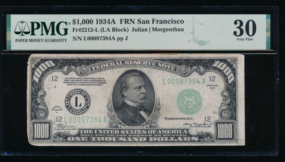Fr. 2212-L 1934A $1,000  Federal Reserve Note San Francisco PMG 30 comment L00097384A