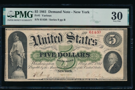 Fr. 1 1861 $5  Demand Note  PMG 30 61450