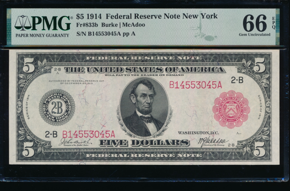 Fr. 833b 1914 $5  Federal Reserve Note New York red seal PMG 66EPQ B14553045A