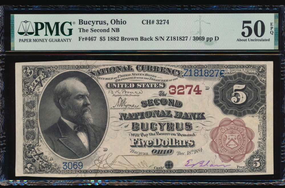 Fr. 467 1882 $5  National: Brown Back Ch #3274 The Second National Bank of Bucyrus, Ohio PMG 50EPQ 3069