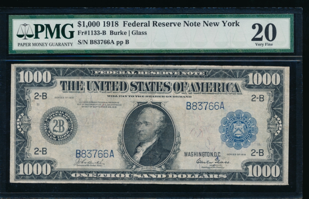 Fr. 1133-B 1918 $1,000  Federal Reserve Note New York PMG 20 comment B83766A obverse