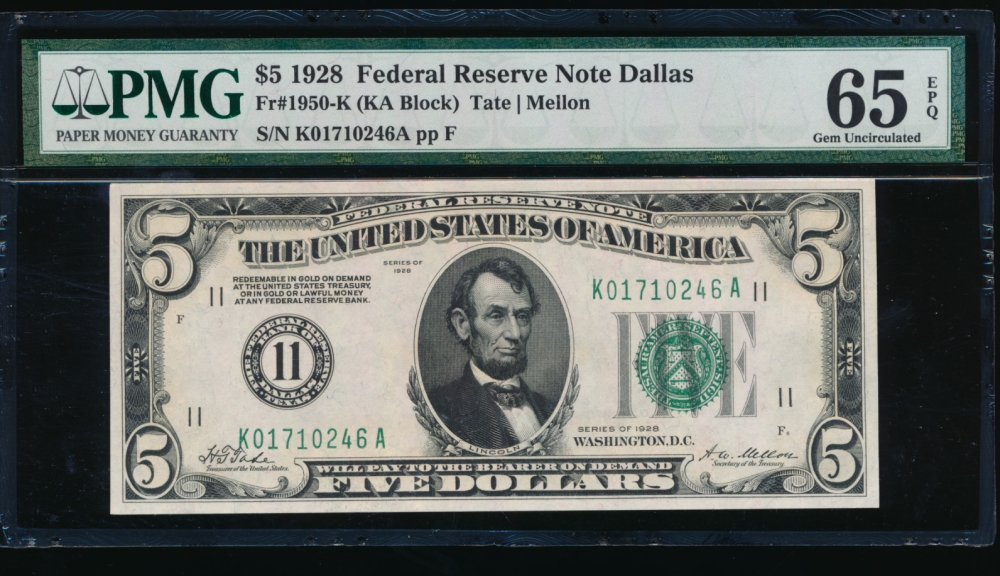 Fr. 1950-K 1928 $5  Federal Reserve Note Dallas PMG 65EPQ K01710246A
