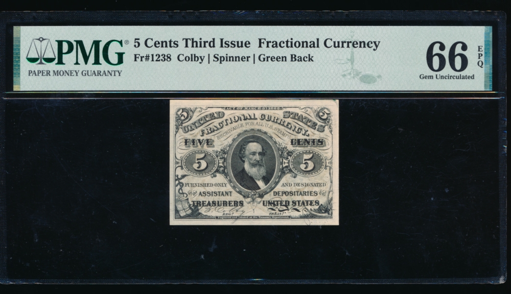 Fr. 1238  $0.05  Fractional Third Issue: Green Back PMG 66EPQ no serial number