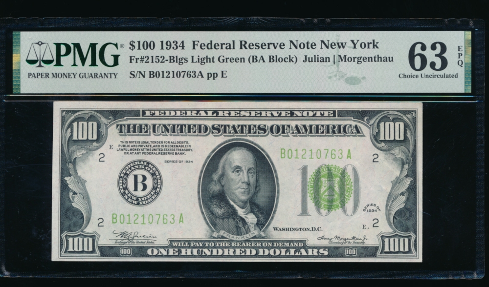 Fr. 2152-B 1934 $100  Federal Reserve Note New York LGS PMG 63EPQ B01210763A