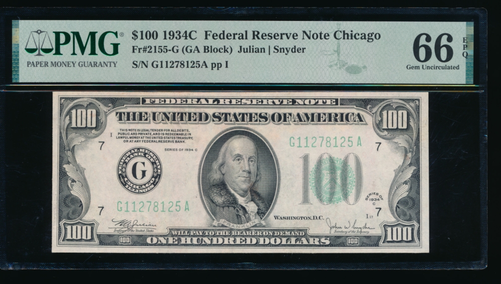 Fr. 2155-G 1934C $100  Federal Reserve Note Chicago PMG 66EPQ G11278125A