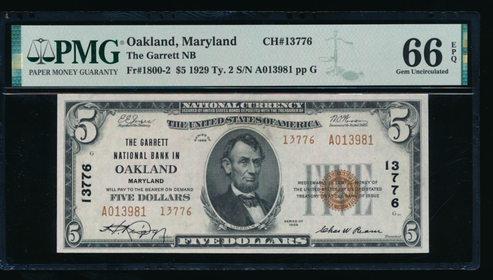 Fr. 1800-2 1928 $5  National: Type II Ch #13776 The Garrett National Bank in Oakland, Maryland PMG 66EPQ A013981