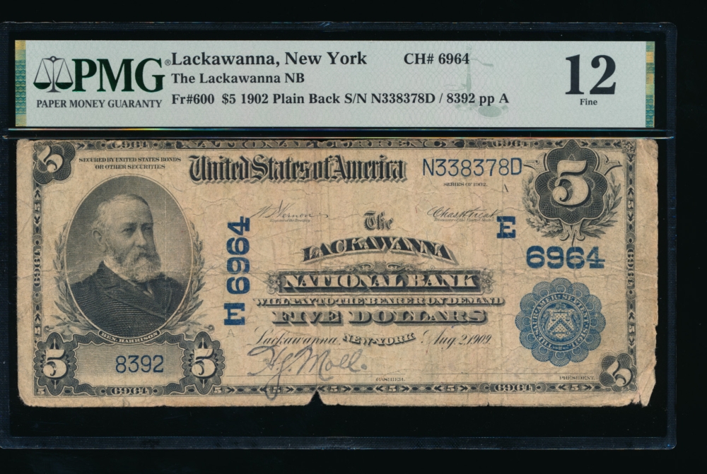 Fr. 600 1902 $5  National: Plain Back Ch #6964 The Lackawanna National Bank, Lackawanna, New York PMG 12 8392