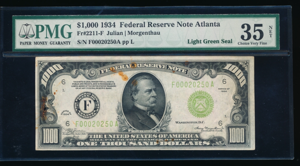 Fr. 2211-F 1934 $1,000  Federal Reserve Note Atlanta LGS PMG 35NET F00020250