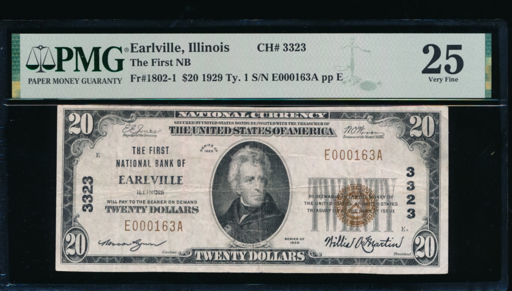 Fr. 1802-1 1929 $20  National: Type I Ch #3323 The First National Bank of Earlville, Illinois PMG 25 E000163A
