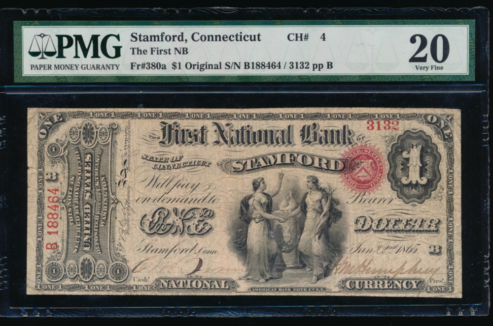 Fr. 380a 1865 $1  National: First Series Ch #4 The First National Bank of Stamford, Connecticut PMG 20 comment 188464