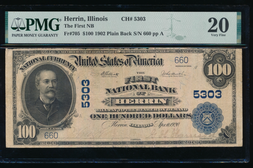 Fr. 705 1902 $100  National: Plain Back Ch #5303 The First National Bank of Herrin, Illinois PMG 20 comment 660