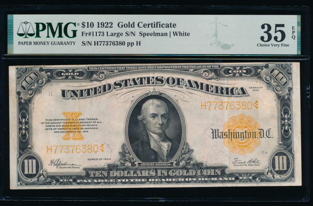 Fr. 1173 1922 $10  Gold Certificate Large Serial Numbers PMG 35EPQ H77376380