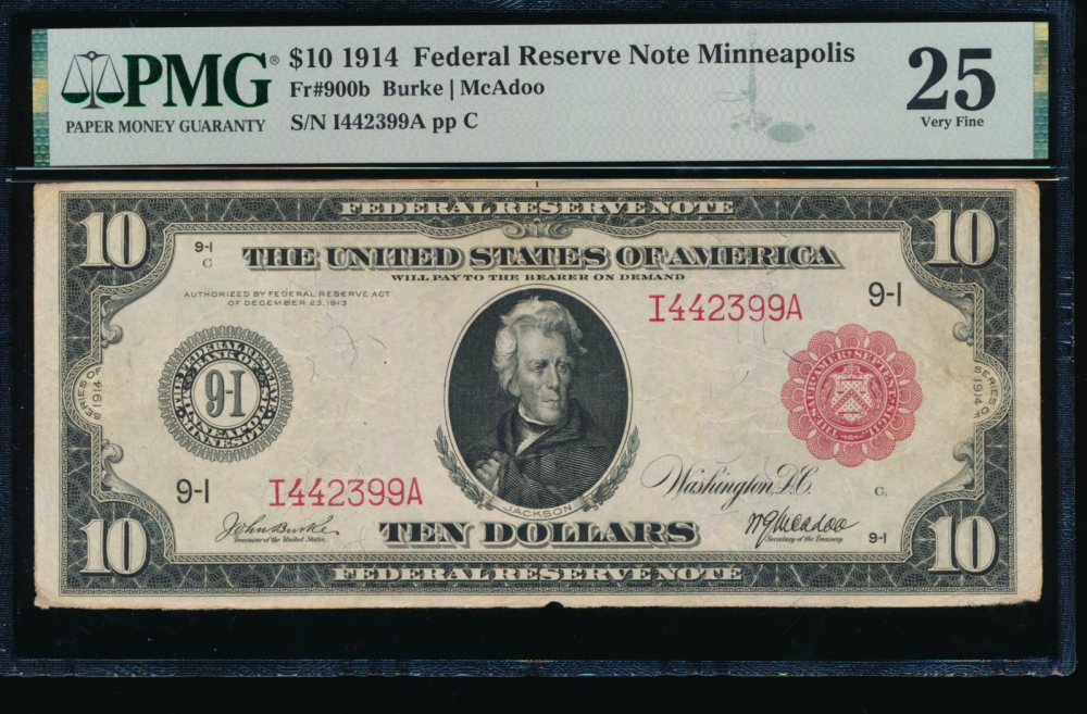 Fr. 900b 1914 $10  Federal Reserve Note red seal Minneapolis PMG 25 I442399A