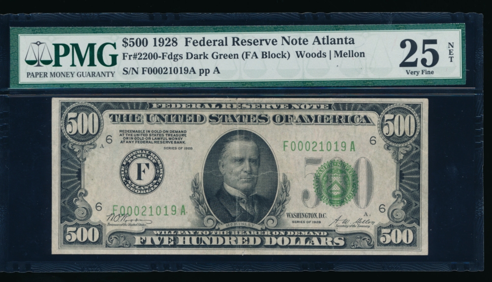 Fr. 2200-F 1928 $500  Federal Reserve Note Atlanta PMG 25NET F00021019A