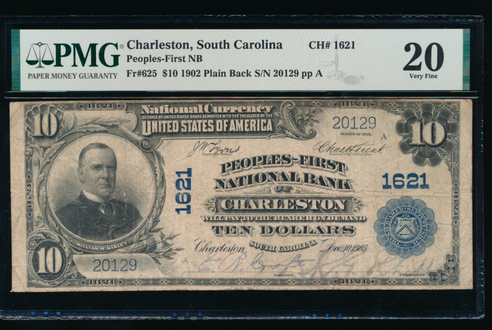 Fr. 625 1902 $10  National: Plain Back Ch #1621 The Peoples National Bank of Charleston, South Carolina PMG 20 20129