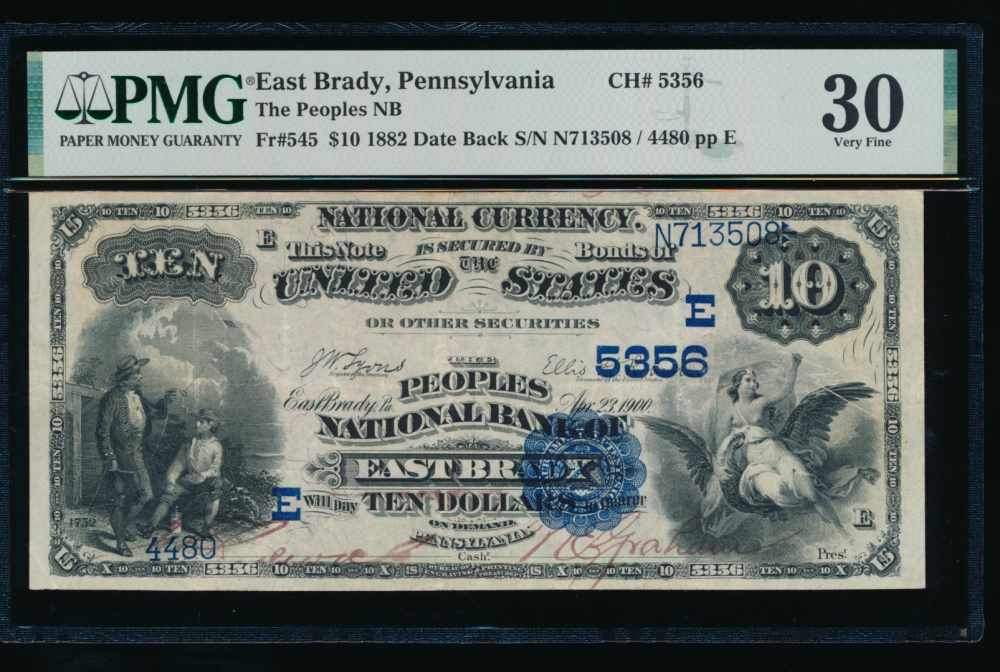 Fr. 545 1882 $10  National: Date Back Ch #5356 The Peoples National Bank of East Brady, Pennsylvania PMG 30 4480