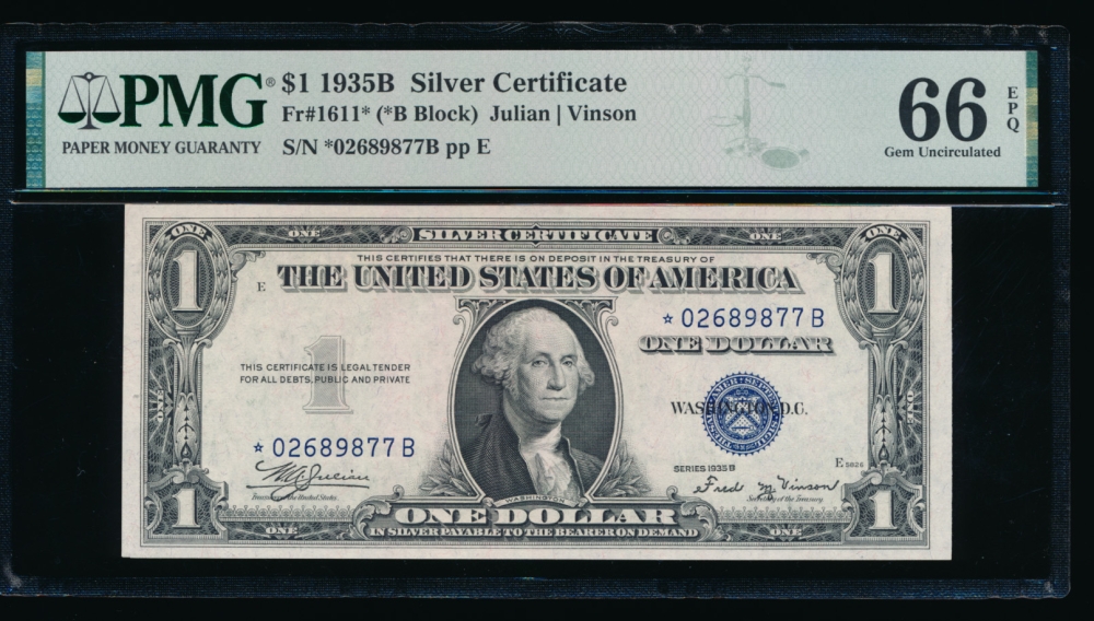 Fr. 1611 1935B $1  Silver Certificate *B block PMG 66EPQ *02689877B