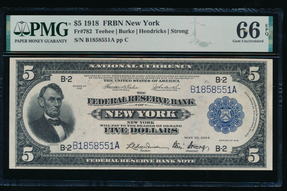 Fr. 782 1918 $5  FRBN New York PMG 66EPQ B1858551A
