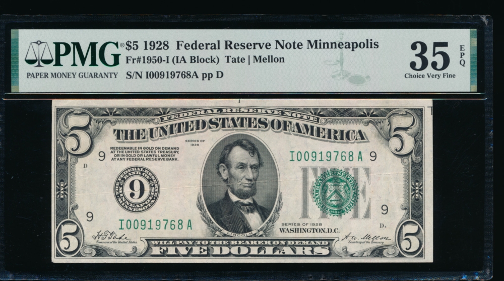 Fr. 1950-I 1928 $5  Federal Reserve Note Minneapolis PMG 35EPQ I00919768A