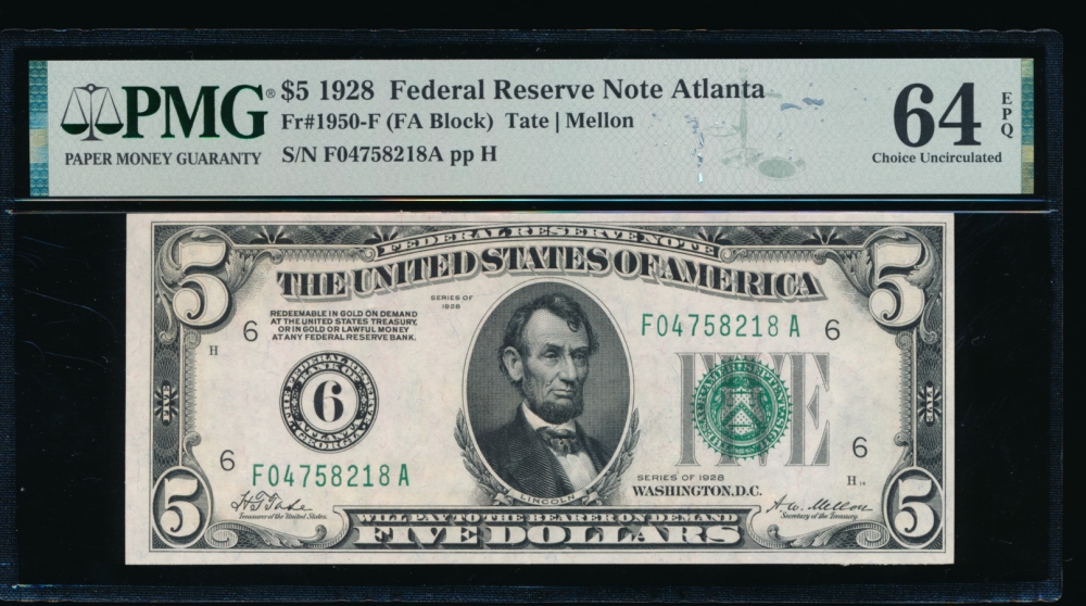 Fr. 1950-F 1928 $5  Federal Reserve Note Atlanta PMG 64EPQ F04758218A