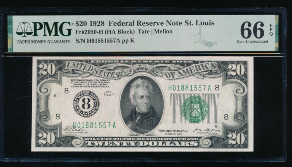 Fr. 2050-H 1928 $20  Federal Reserve Note Saint Louis PMG 66EPQ H01881557A obverse