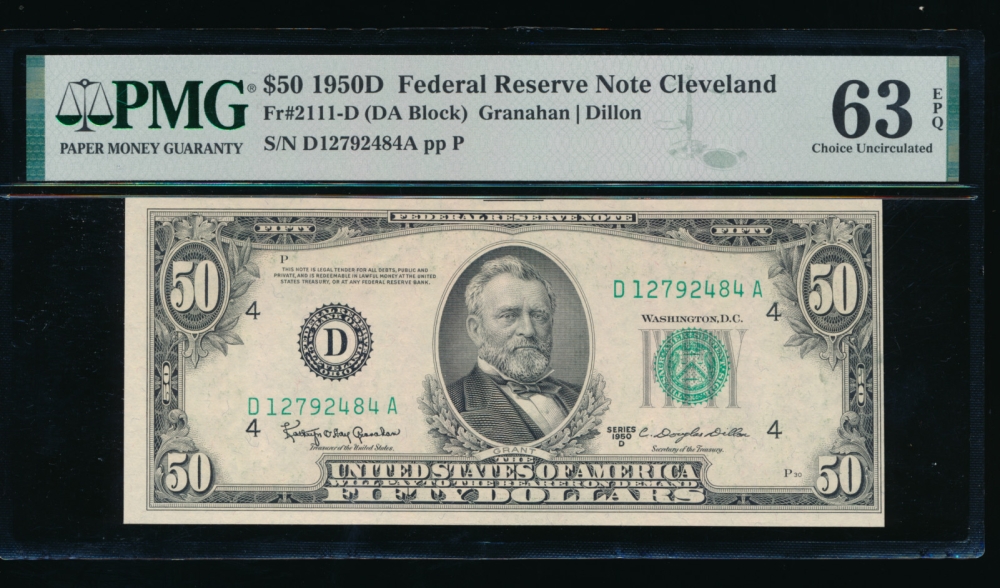 Fr. 2111-D 1950D $50  Federal Reserve Note Cleveland PMG 63EPQ D12792484A