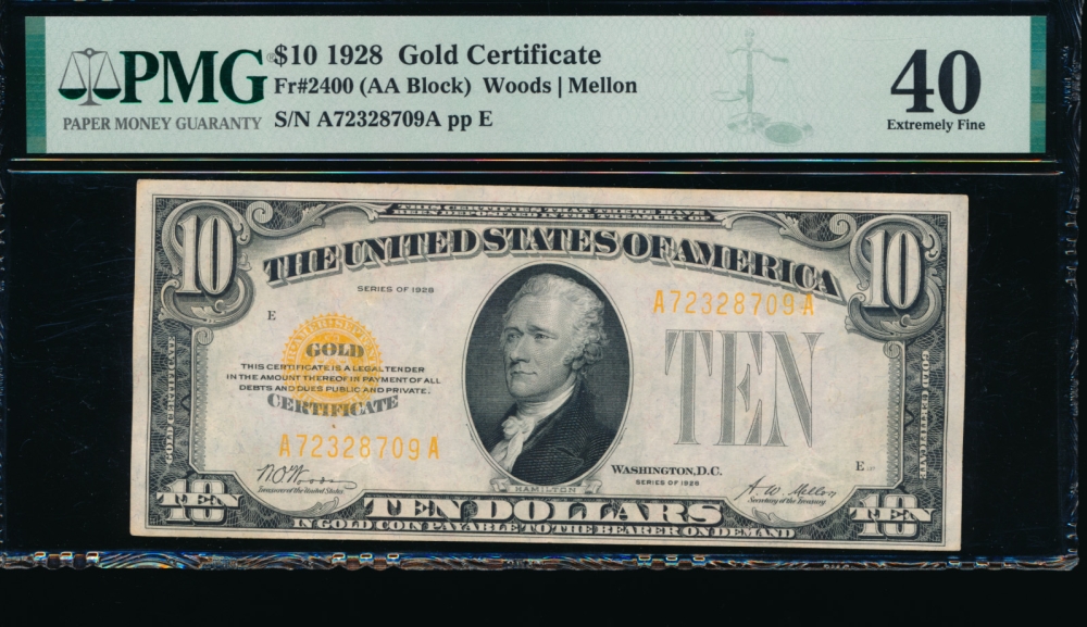 Fr. 2400 1928 $10  Gold Certificate  PMG 40 A72328709A