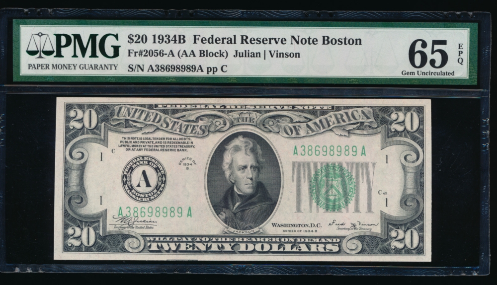 Fr. 2056-A 1934B $20  Federal Reserve Note Boston PMG 65EPQ A38698989A