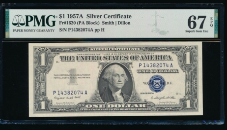 Fr. 1620 1957A $1  Silver Certificate PA block PMG 67EPQ P14382074A