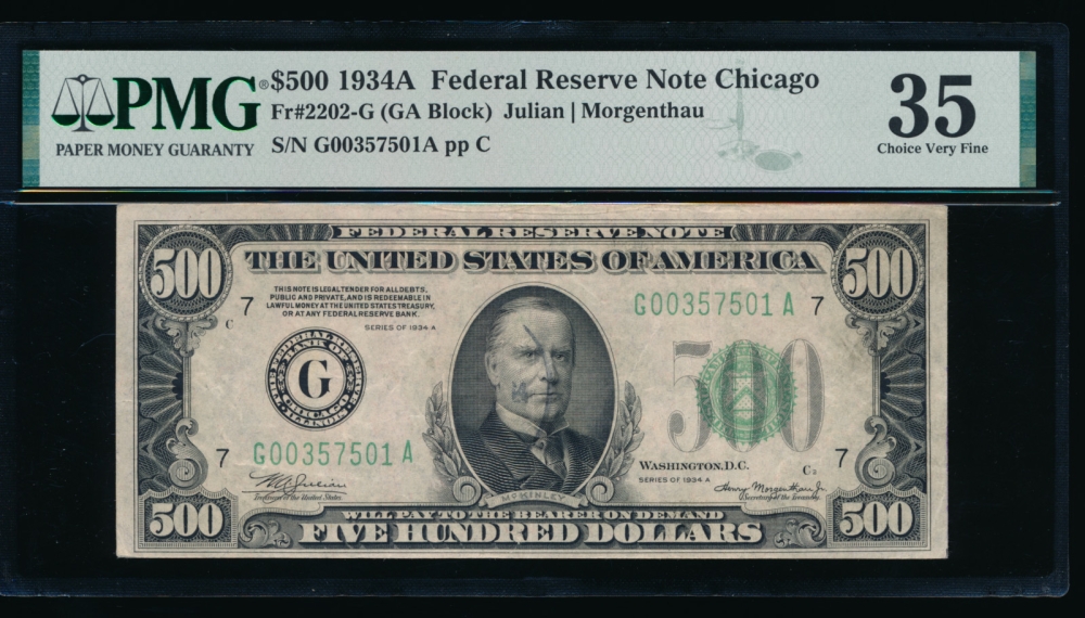 Fr. 2202-G 1934A $500  Federal Reserve Note Chicago PMG 35 comment G00357501A obverse