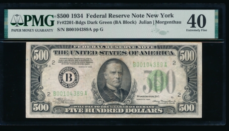 Fr. 2201-B 1934 $500  Federal Reserve Note New York PMG 40 comment B00104389A