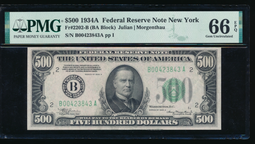 Fr. 2202-B 1934A $500  Federal Reserve Note New York PMG 66EPQ B00432843A