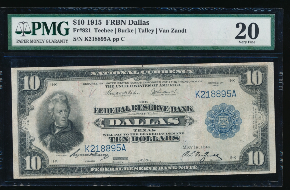 Fr. 821 1915 $10  FRBN Dallas PMG 20 K218895A
