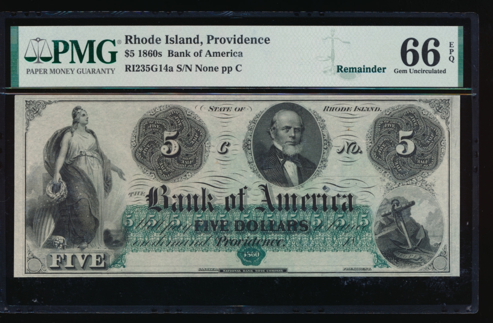 Fr. RI-235 G14 1860s $5  Obsolete Bank of America, Rhode Island PMG 66EPQ no serial number