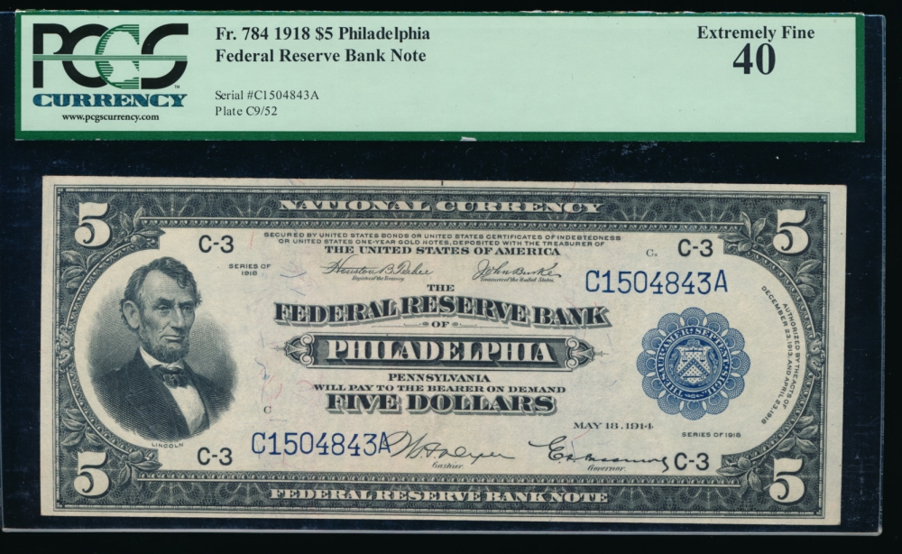 Fr. 784 1918 $5  FRBN Philadelphia PCGS-C 40 C1504843A