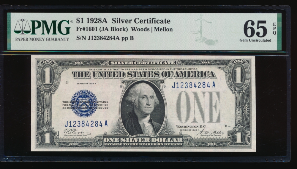 Fr. 1601 1928A $1  Silver Certificate JA block PMG 65EPQ J12384284A