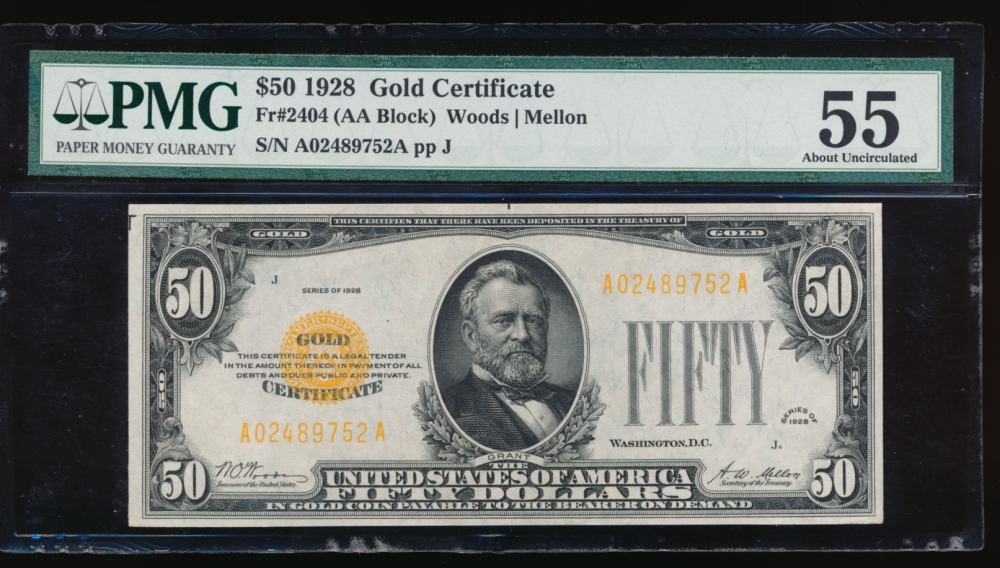 Fr. 2404 1928 $50  Gold Certificate  PMG 55 A02489752A