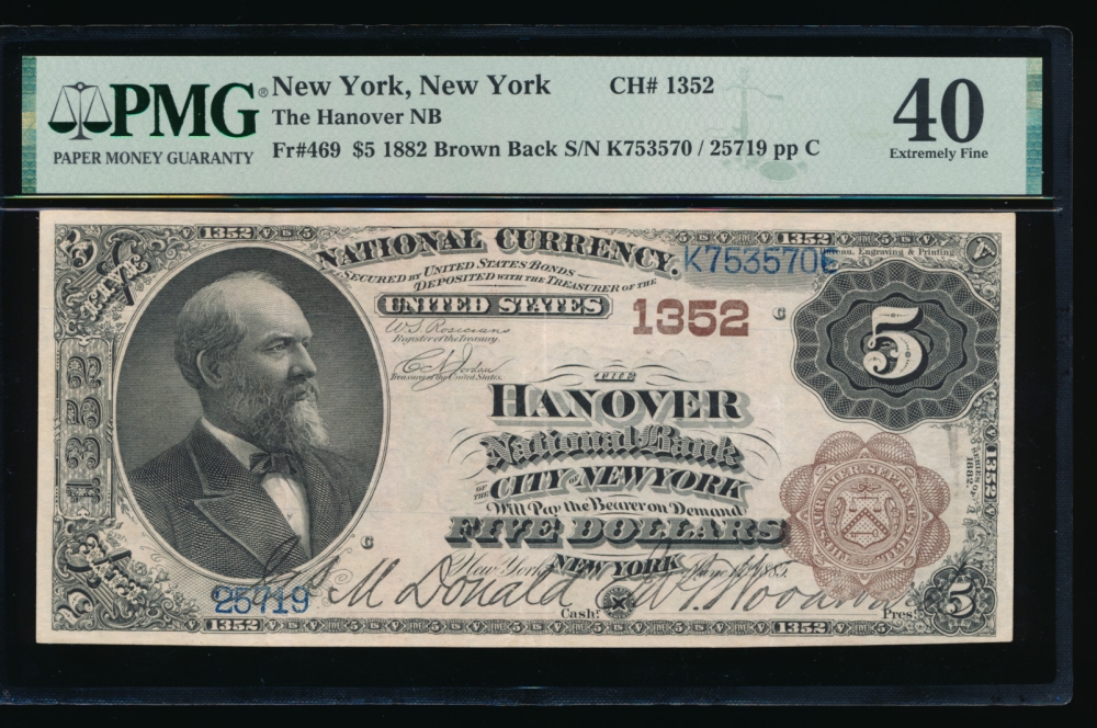 Fr. 469 1882 $5  National: Brown Back Ch #1352 The Hanover National Bank of the City of New York, New York PMG 40 25719