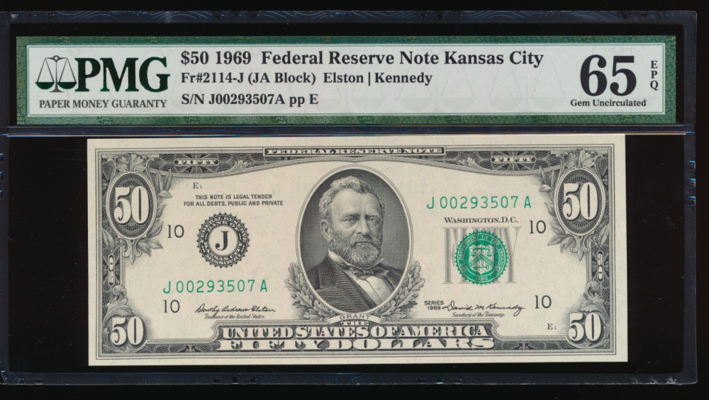 Fr. 2114-J 1969 $50  Federal Reserve Note Kansas City PMG 65EPQ J00293507A